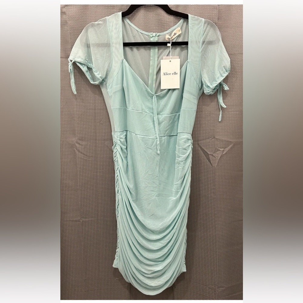 NWT Alice Elle size 12 Sky baby Blue Dress ruched back slimming sheer layered